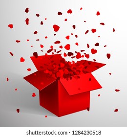 Open Red Gift Box and Heart Confetti. Christmas and Valentine Background. Vector Illustration.
