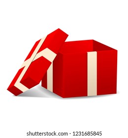 Open red gift box icon. Realistic illustration of open red gift box vector icon for web design isolated on white background