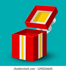 Open Red Gift Box Icon with Gold and Silver Bow on Retro Blue Background