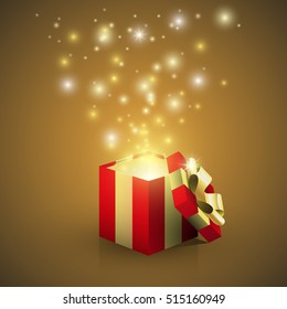 Open red gift box with magic light effect, vector illustration