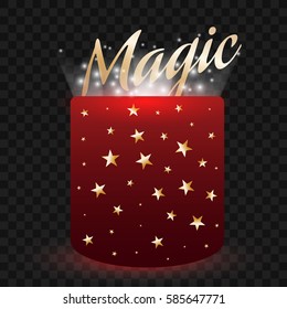 Open red gift box and magic light fireworks. Greeting card.