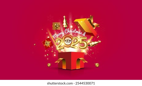 Open red gift box with merry christmas elements and new year 2025. Sale offer promotional background.