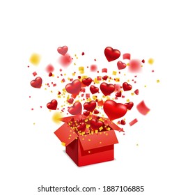 Open red gift box present with flying hearts and bright rays of light, burst explosion. Happy Valentines day gift box. Vector illustration poster, banner, card, isolated