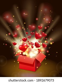 Open red gift box present with flying hearts and bright rays of light, burst explosion. Happy Valentines day gift box. Vector illustration poster, banner, card, isolated