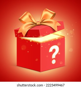 Open red gift box with question mark, golden ribbon and magical glitter light, shining from inside. Secret giftbox standing on red gradient background,. Hidden gift vector banner design.