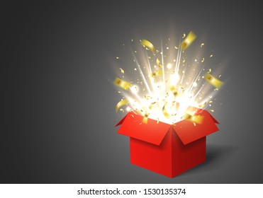 Open red gift box with rays of lights and confetti. Vector template greeting card for anniversary, holiday or birthday.