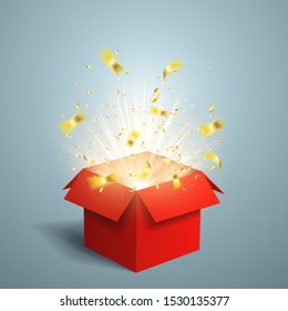 Open red gift box with rays of lights and confetti. Vector template greeting card for anniversary, holiday or birthday.