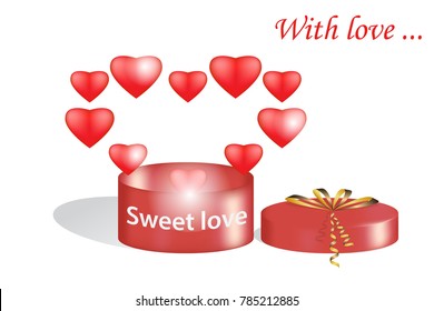 open red gift box round shape with golden ribbon.Out of the box are flying in a realistic 3D red hearts. Isolated. With love, sweet love, vector illustration. Wedding design for flyers,banners