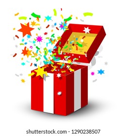 Open Red Gift Box with Surprise Confetti Isolated on White Background