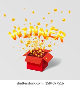 Open red Gift box WIN gold text with coins and confetti explosion inside. Flying particles foil burst. Lottery drawing advertising banner poster template. Vector illustration isolated