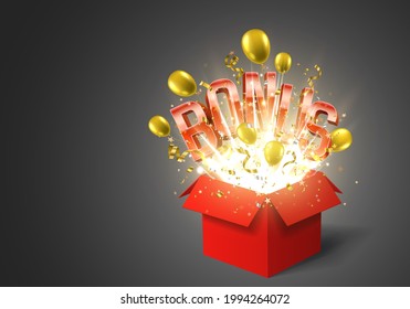 Abrir caja de regalo roja con bono de palabra, confeti y globos. Ilustración vectorial.