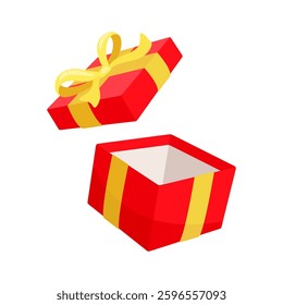 Open red gift box with yellow ribbon floating in the air