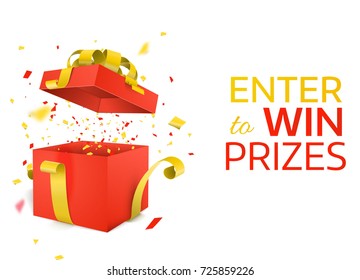 Open Red Gift Box with yellow ribbon  and Confetti explosion. Enter to Win Prizes. Vector Illustration.