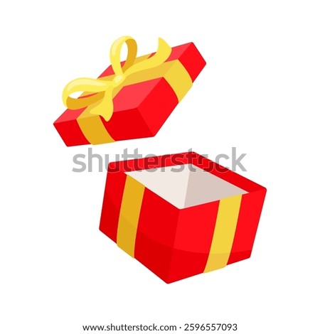 Open red gift box with yellow ribbon floating in the air
