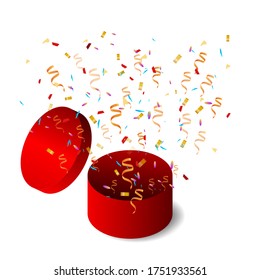 Open red  gift round box with shadows and confetti. Stock vector illustration on a white isolated background.