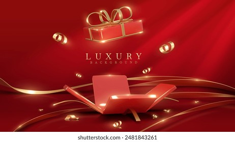 Open red and gold gift box on luxury background with ribbon and confetti. Perfect for celebrating holidays, birthdays, and special occasions. Vector illustration.