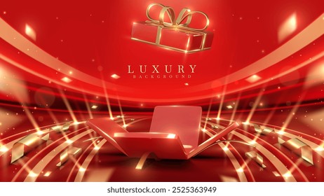 Open red and gold gift box on luxury background with ribbon and confetti. Perfect for celebrating holidays, birthdays, and special occasions. Vector illustration.