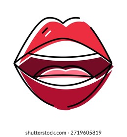 Abra los labios rojos con contornos negros que representen el habla o el grito, reflejando conceptos de chismes, comunicación, anuncio o conversación en un estilo de ilustración de arte pop moderno