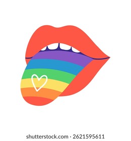 Open red lips with rainbow tongue. Hand drawn vector illustration.