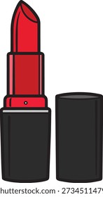 Batom vermelho aberto em caso preto isolado no fundo de grade transparente, produto cosmético para maquiagem e beleza
