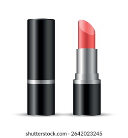 Open red lipstick in black tube with cap nearby, realistic vector cosmetic mockup