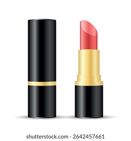 Open red lipstick in black tube with golden details, premium realistic vector mockup