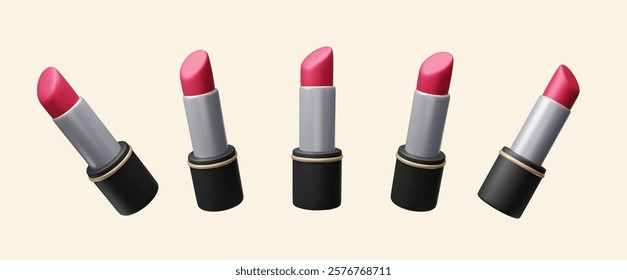 Open red lipstick rotation 3d realistic vector illustration set. Red lipstick in a luxury black case 3D beauty makeup cosmetic product. Decorative cosmetic red lip stick from different angles.