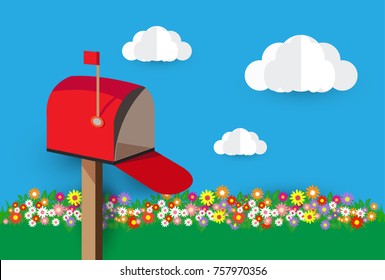 open red mailbox,beautiful flowers vector