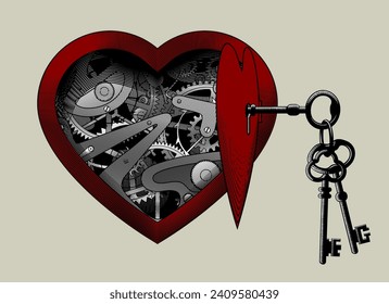 Open red mechanical heart with clockwork and a bunch of keys. Vintage black and white engraving stylized drawing. Conceptual steampunk vector illustration