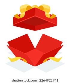 Open a Red mystery gift box with a yellow ribbon on white background. Random secret loot box isometric concept. Vector illustration cartoon flat design.