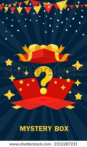 Open a red mystery gift box with a white yellow decoration flag garlands and confetti on dark background. Random secret loot box isometric concept. Vector illustration cartoon flat design.