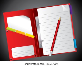 Open red notepad  with red pencil on black background