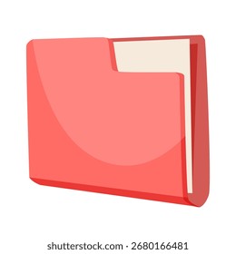 Open red office folder with visible papers inside shown in flat cartoon style on a white background. Concept of data or document storage. Vector illustration