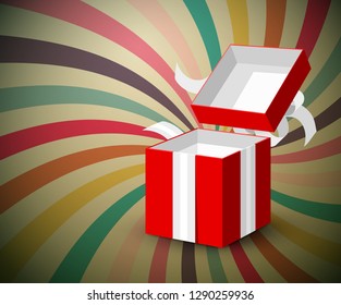 Open Red Paper Gift Box with Silver Bow on Retro Background