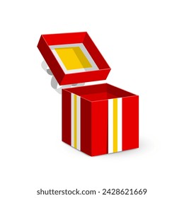 Open red paper gift box with gold ribbon isolated on white background, vector