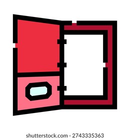 Open red pocket folder icon, showing its organized contents and an identification card slot, commonly used for office stationery and document management