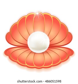 Open red sea shell with a large white pearl inside
Isolated on white background clipart