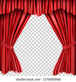 Open red silk fabric curtains, realistic vector illustration. Velvet drapery for theatrical stage, presentation or award ceremony, isolated on transparent background. Scarlet home window textile