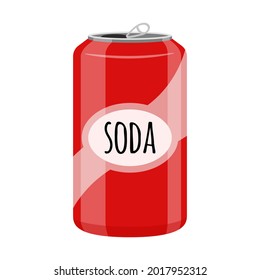 An open red soda can. Sweet soda, fast food, drink, harmful to teeth. Flat cartoon style, isolated on a white background.Color vector illustration.