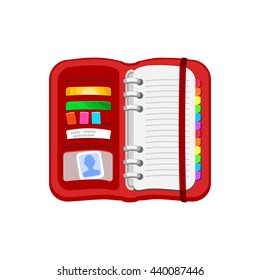 Open red spiral diary, notebook or personal organizer. Notepad with photos, cards, stickers, checks, bookmark. Vector icon isolated on a white background. Flat design.
