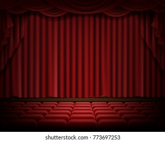 Open red stage curtain realistic vector illustration. Grand opening concept, performance or event premiere poster, announcement banner template with theater stage