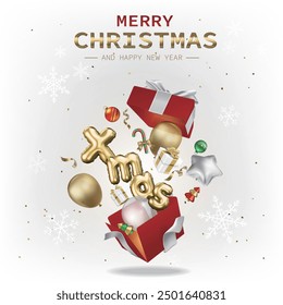 Open red surprise box with balloons, gifts and Christmas decorations, Merry Christmas and Happy New Year