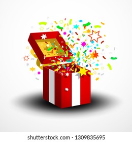 Open Red Surprise Gift Box with Confetti and Party Paper Decoration Isolated on White Background