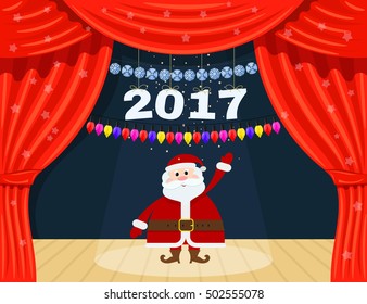 Open red theater curtain with stars, snowflakes, garland and Santa Claus. Santa Claus at the 
theater. Happy New Year. Speech by 2017. Vector illustration
