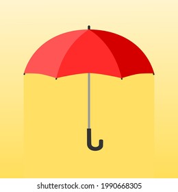 Open red umbrella protection water rain drop in rainy season and protection UV sunlight in summer on yellow background flat vector.