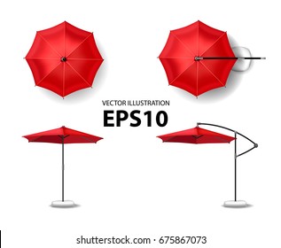 Open red umbrella for summer and beach cafe. Vector illustration view of the top, side view

