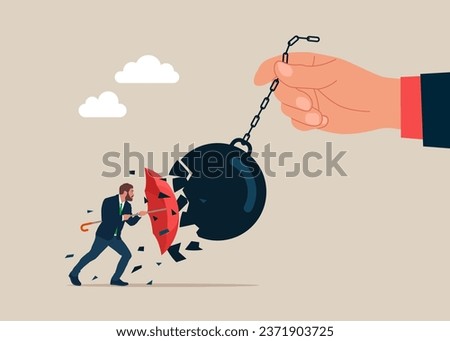 Open red umbrella which protects from a collision with a broken wrecking ball. IT defense. Insurance and protection. Vector illustration