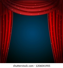 open red velvet curtains, theatre, stars ,blue screen, vector illustration