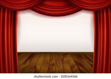 Open Red Velvet Movie Curtains with White Screen. With a wooden stage. Vector illustration