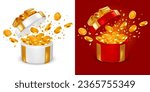 Open red and white 3d gift boxes set with golden bow and gold coins explosion. Isolated on white and red background. Big win concept. Vector illustration